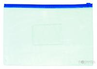 Папка на молнии формат А-5 ,прозрачная, карман для визитки , синяя молния, 150 мкм. (БЮРОКРАТ)